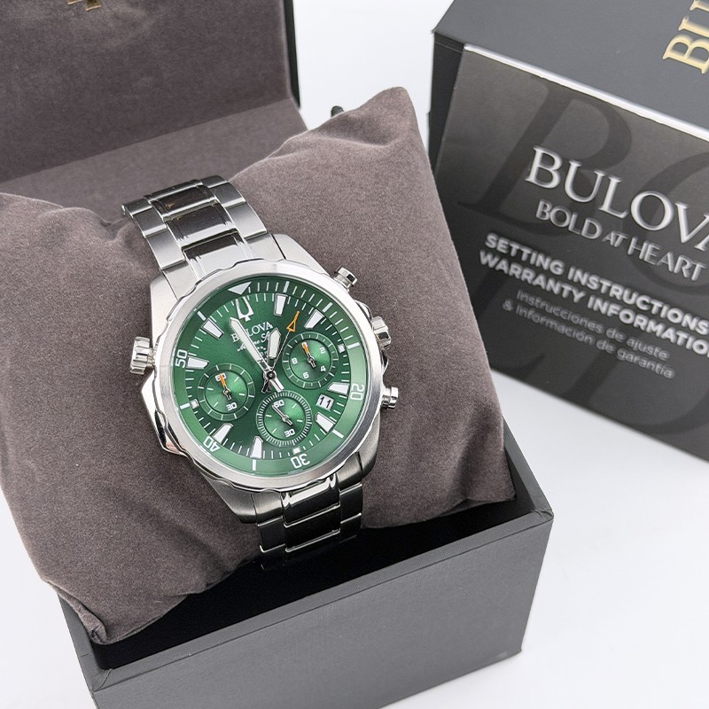 Bulova Marine Star Green Dial 96B396 Steel Men Quartz Watch 43mm Chronograph