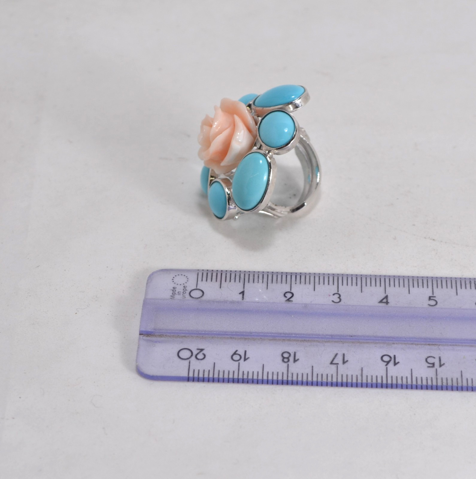 925 SILVER RING RHODIUM NATURAL TURQUOISE PINK CORAL PINK AGNK 0123
