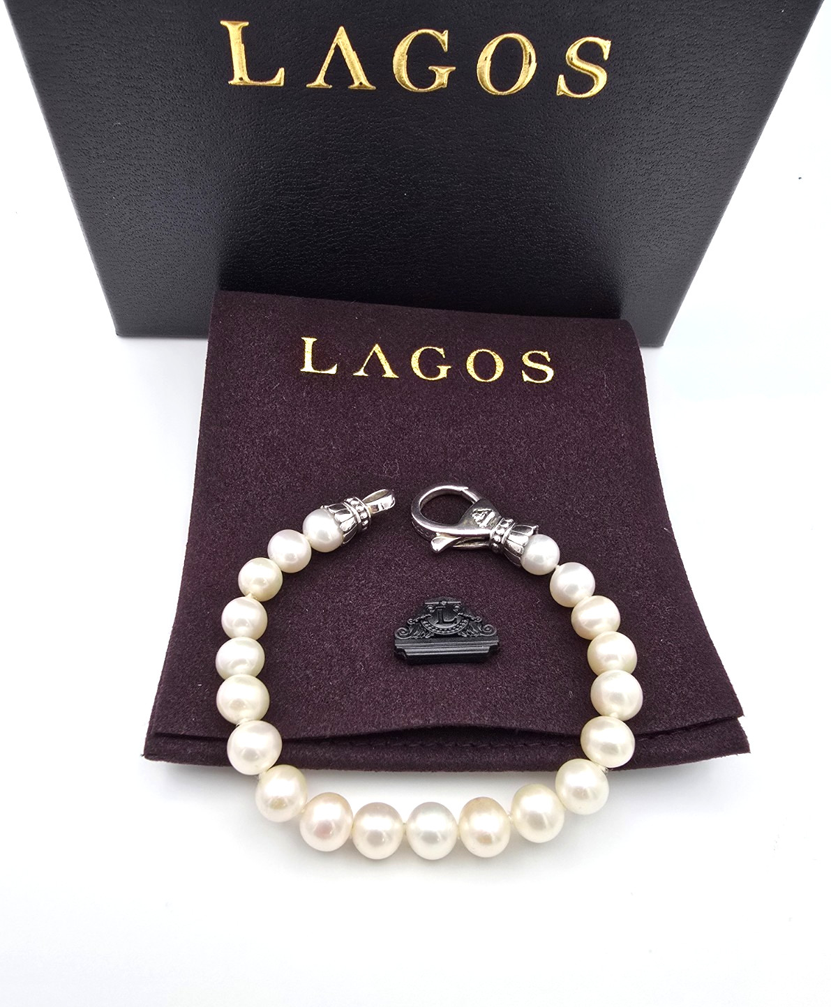 LAGOS Luna Pearl Strand Sterling Silver Bracelet w Box & Storage Pouch — 7.5″