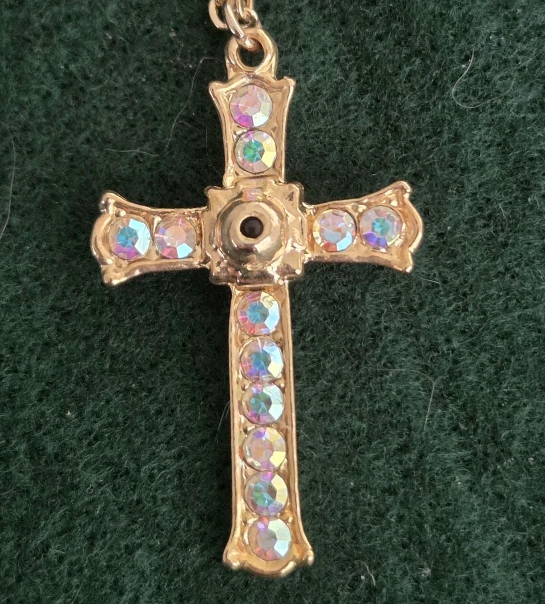 New Vintage Cross Necklace Gold Iridescent Rhinestone 40x24mm Pendant 46cm Chain