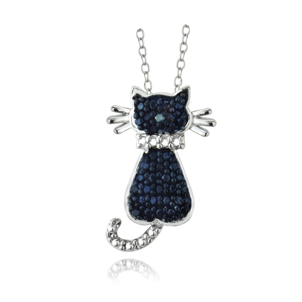 Sterling Silver Blue Diamond Accent Cat Slide Pendant, 18″