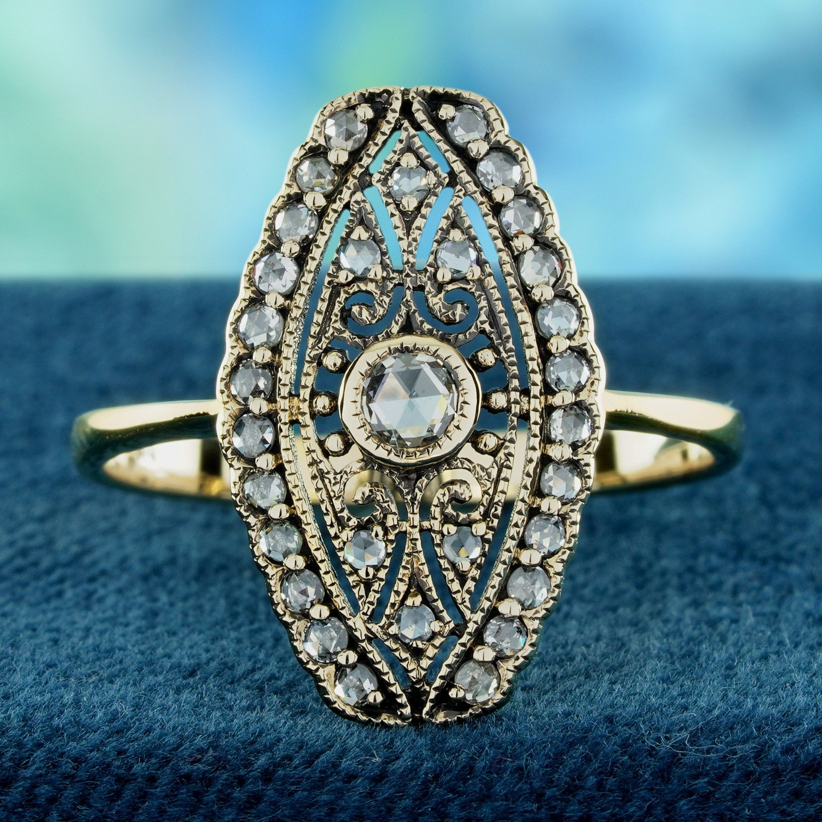 9K Gold Natural Rose Cut Diamond Vintage Style Filigree Ring