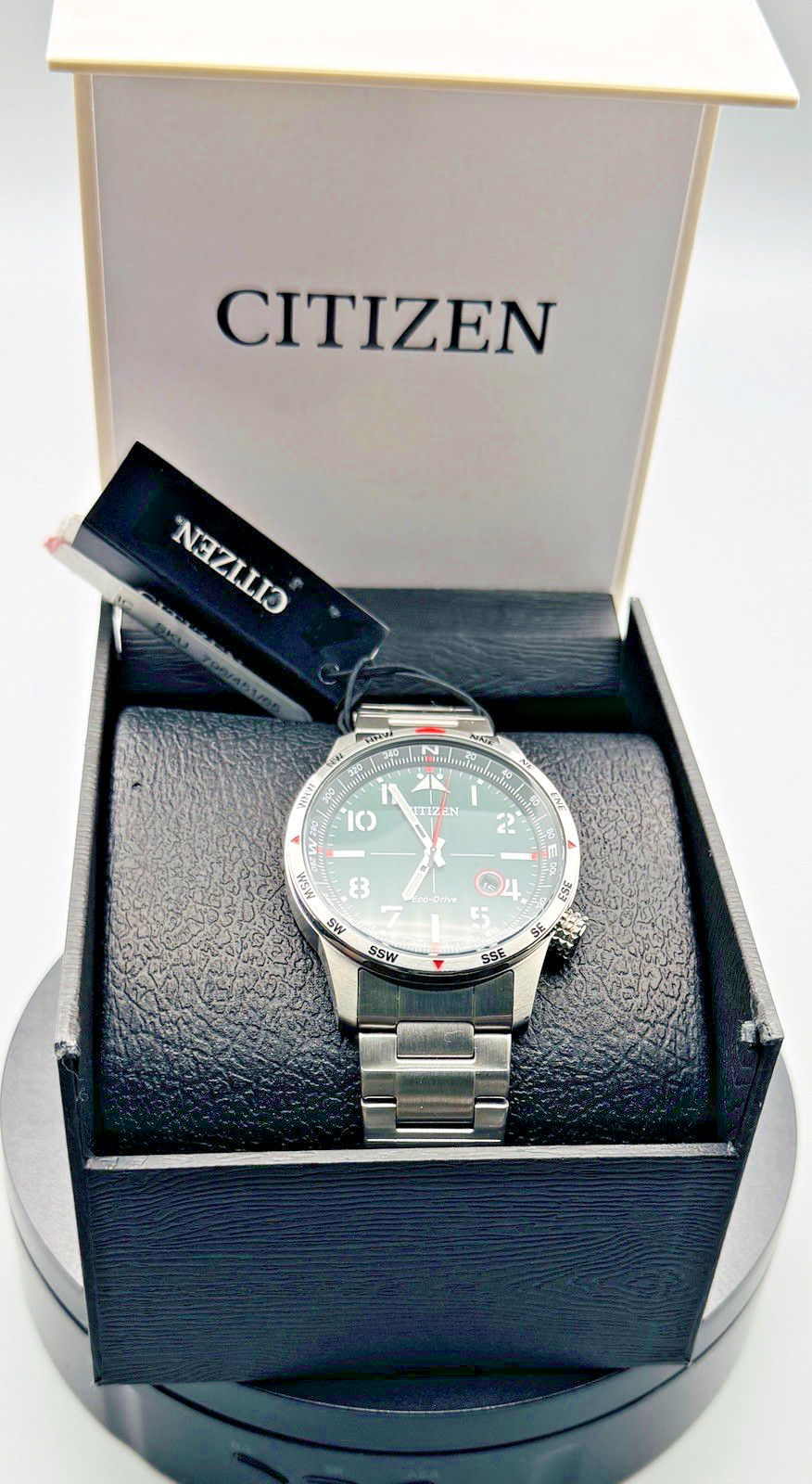 Citizen Eco-Drive Weekender Sport Watch Green Dial Compass Bezel Stainless Steel