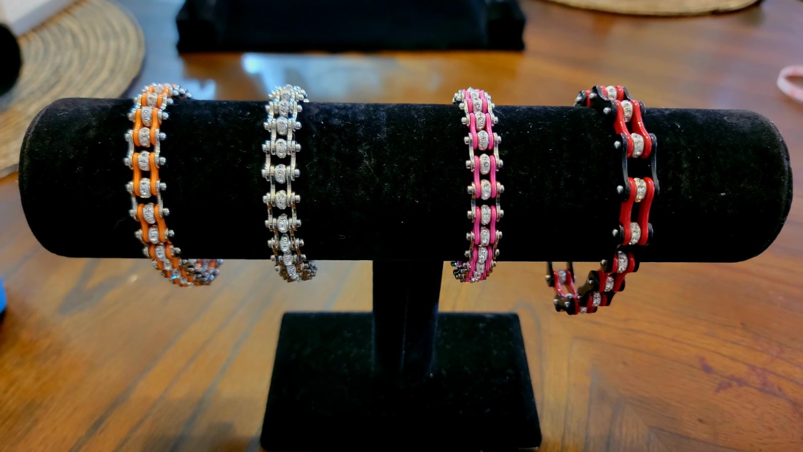 Women’s Stainless Steel Set Chrome / Pink Bling Motorcycle Bracelet & Earrings.