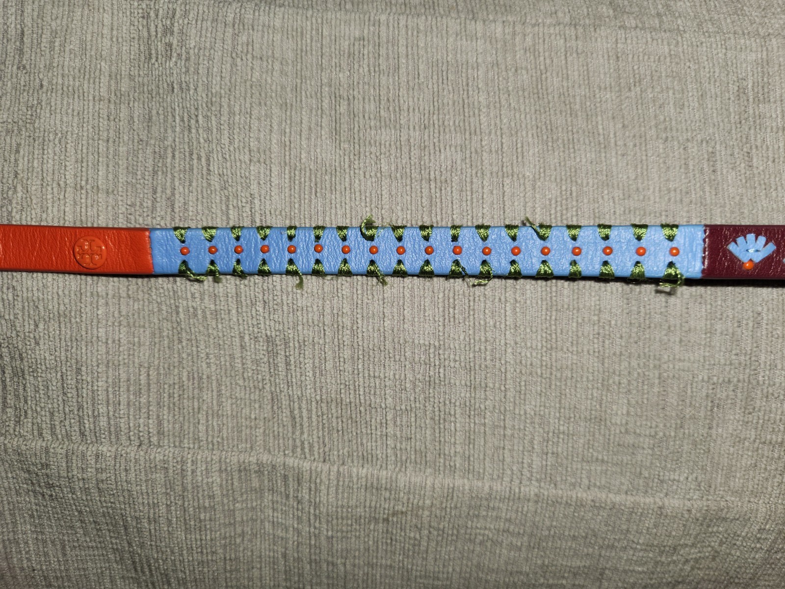 Tory Burch Orange Blue Leather Woven Logo Wrap Bracelet Belt Look Design