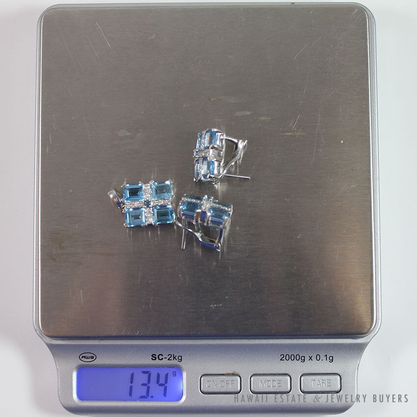 Effy Sky Blue Rectangular Topaz & Diamond 18K White Gold Earrings & Pendant Set