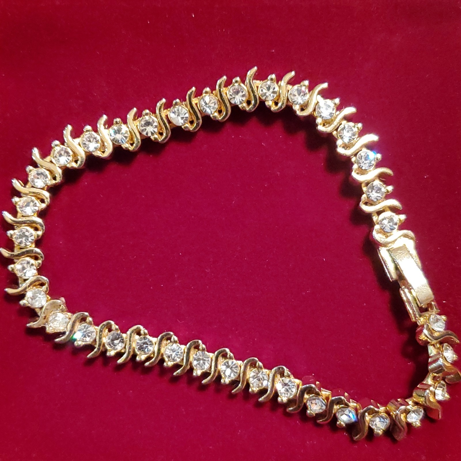 24 KGP Crystal Tennis Link Bracelet, Round Stones, Box Clasp, Signed