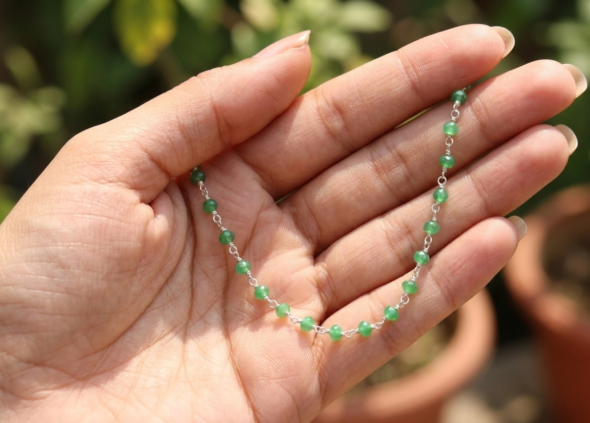 Chic Emerald Green Bead Boho Anklet | Silver Tone Brass Chain Designer Anklet