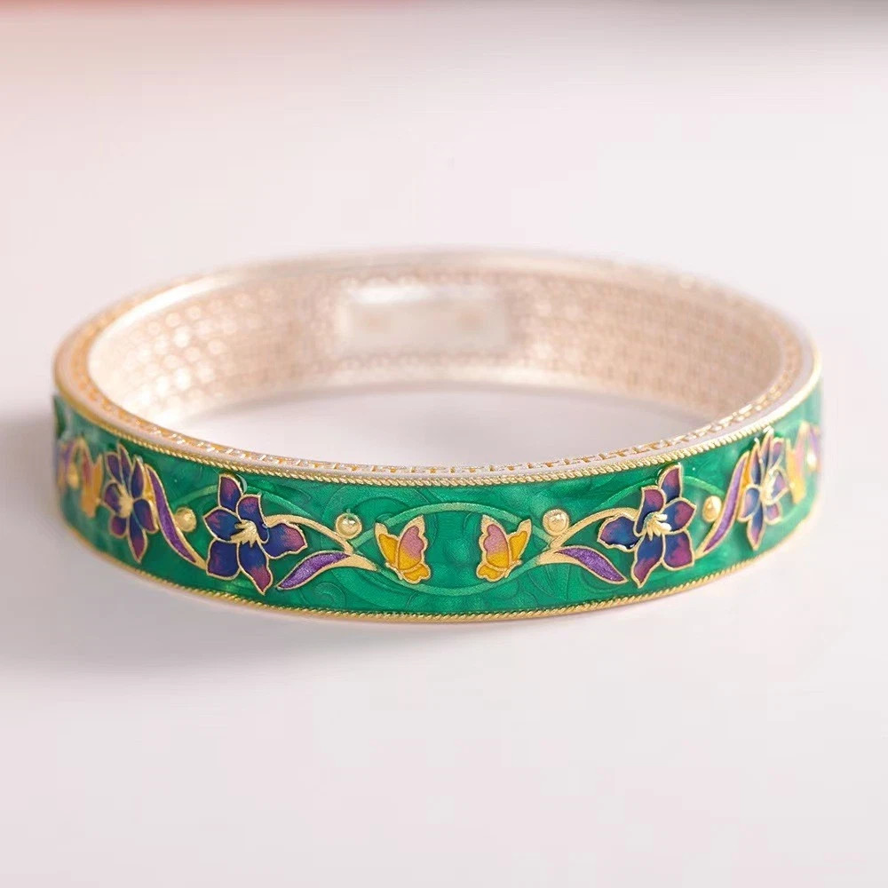 Pure S999 Fine Silver Bracelet 12mm Lucky Enamel Flower Bangle 34-35g ID:60mm