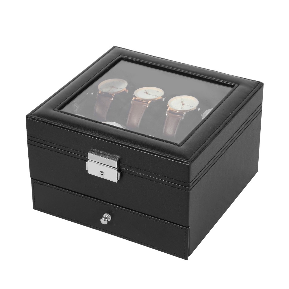 8 Slot PU Leather Watch Box Lockable Glass Top Display Case Jewelry Storage