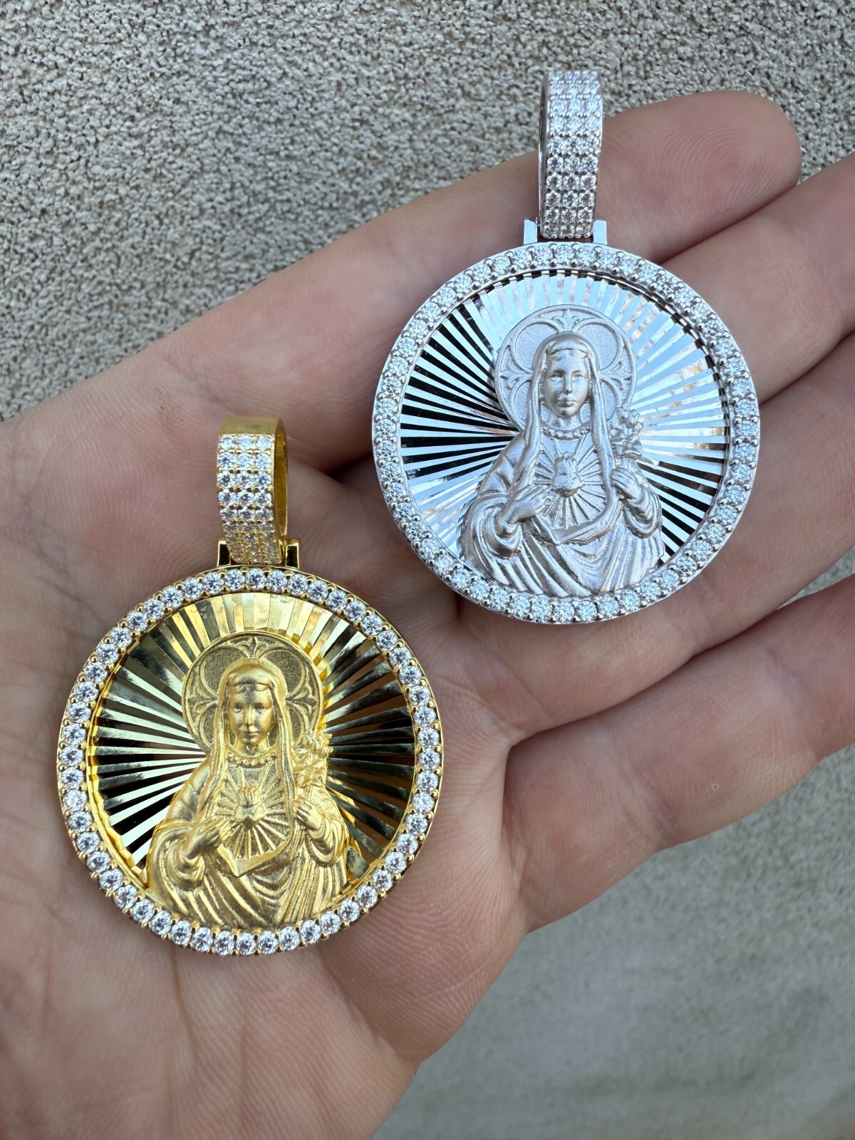 MOISSANITE Virgin Mary Round Medallion Pendant Real 925 Silver / Gold Necklace