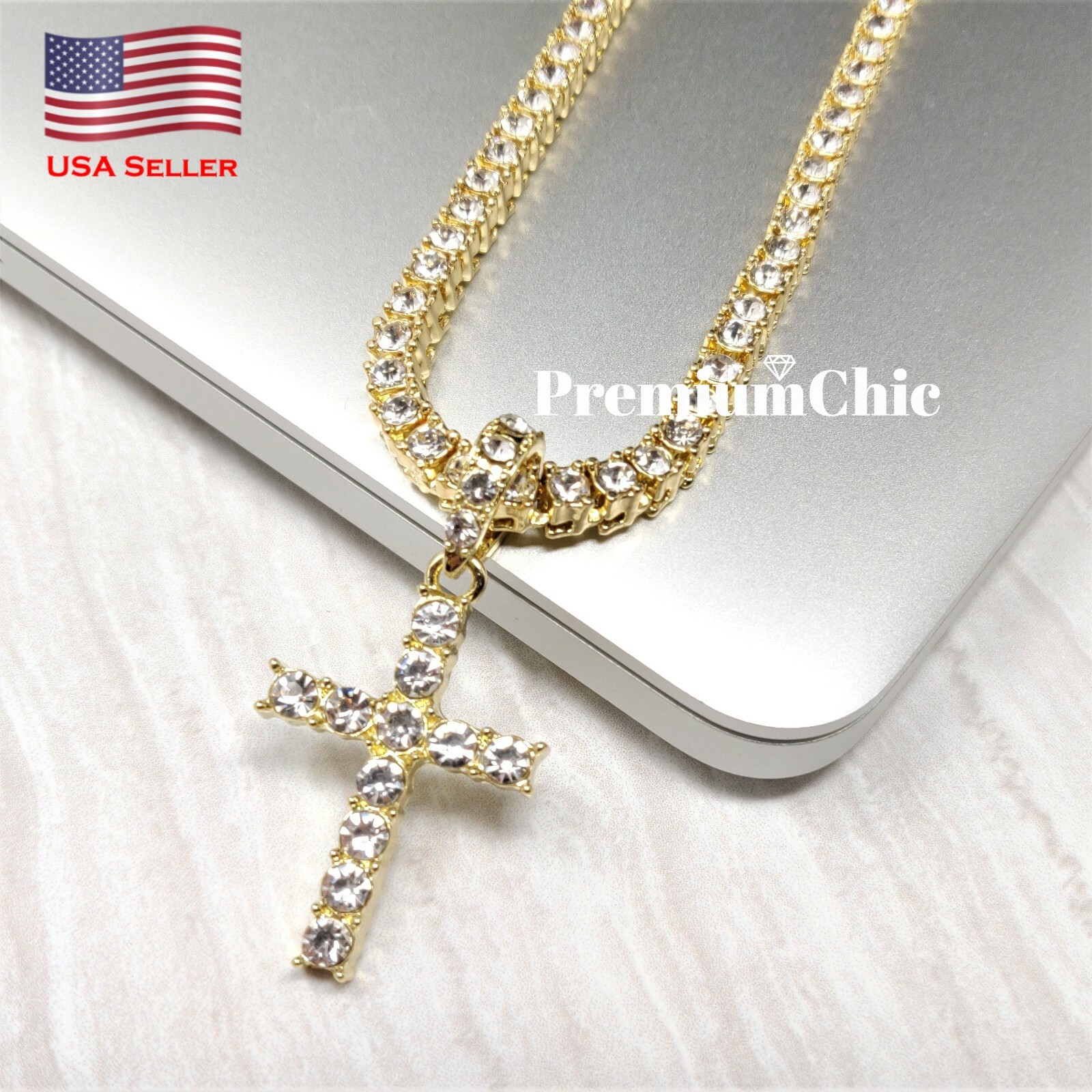 Miami Cuban Choker Necklace Cross Pendant Tennis Chain Gold Plated CZ Jewelry