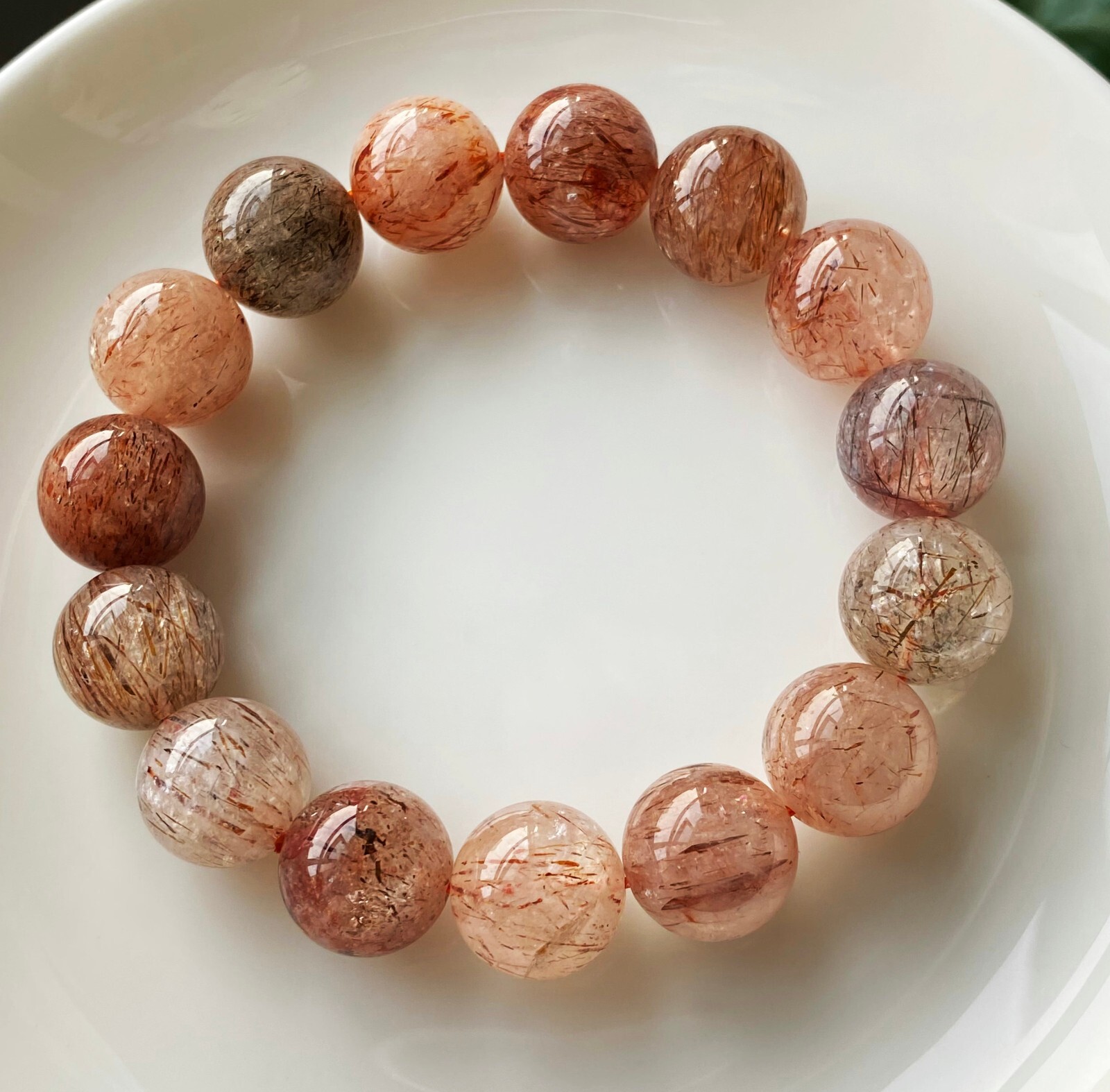 13.4mm Natural Red Gold Rutilated Quartz Crystal Beads Bracelet C758