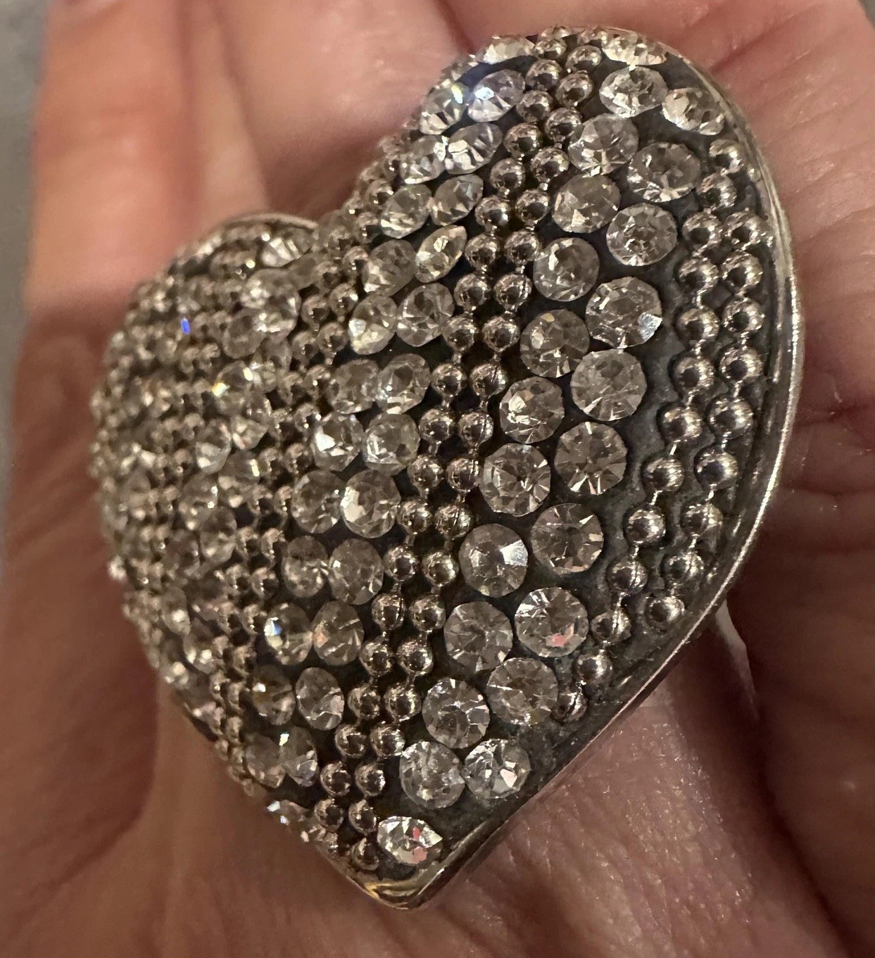 Rhinestone Heart Silver Tone Bling Statement Cocktail Ring Glam Size 8 Stretch