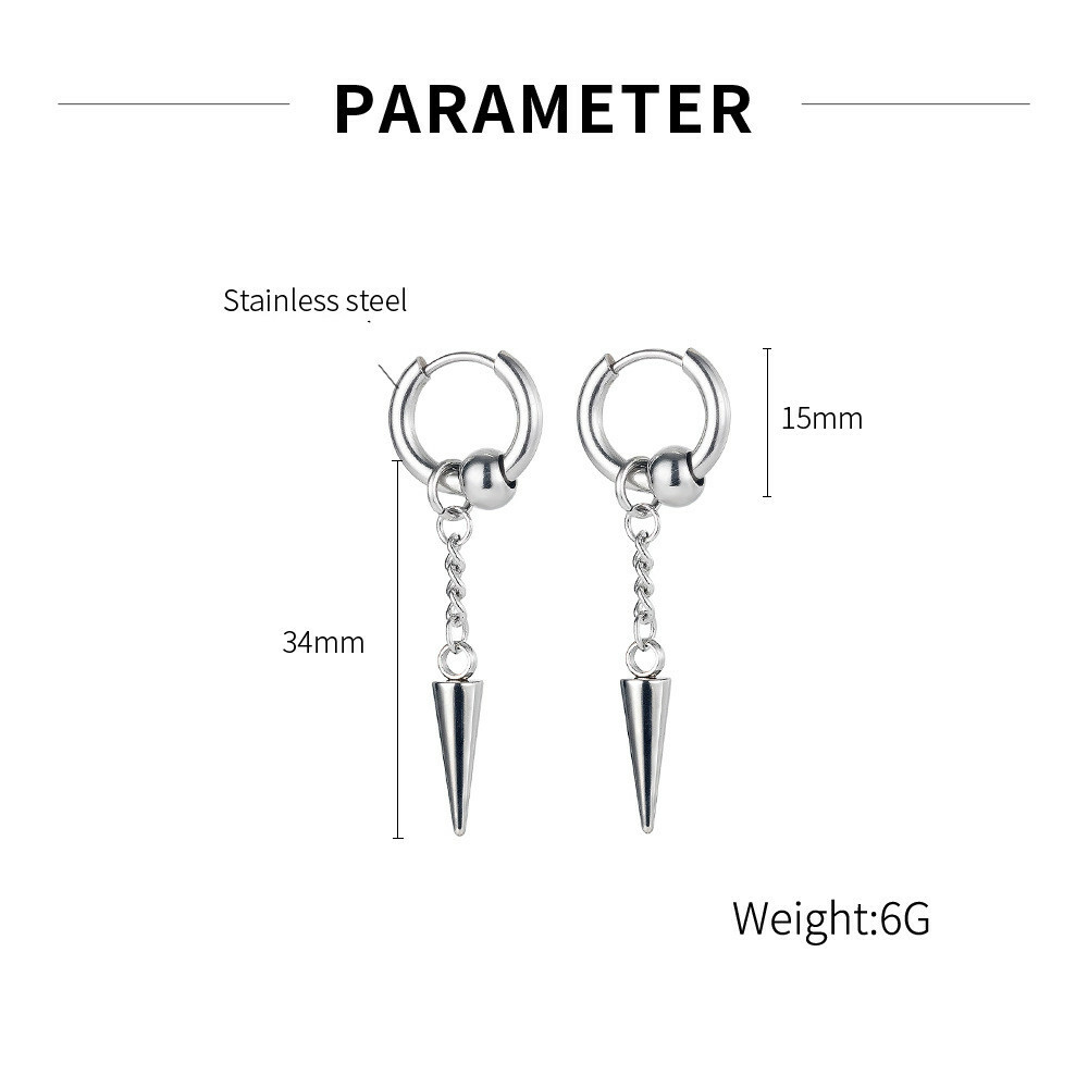 Man Woman Stainless Steel Bead Spike Cone Taper Stud Earring Drop Tassel 2 PCS
