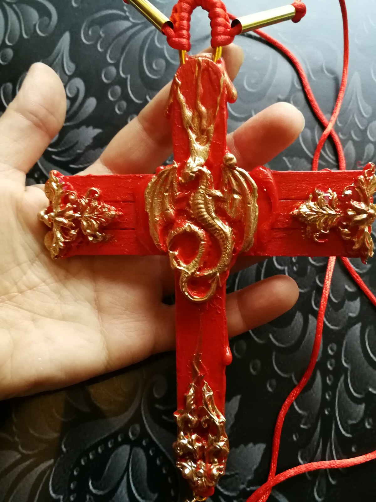 red dragon rouge cross crucifix wood witch pendant magical talisman pagan gothic
