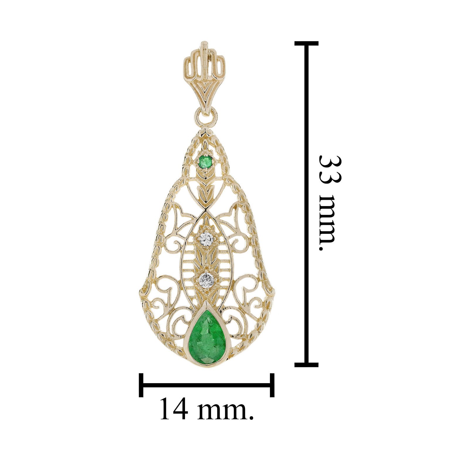 9K Yellow Gold Emerald Diamond Accent Teardrop Filigree Earrings