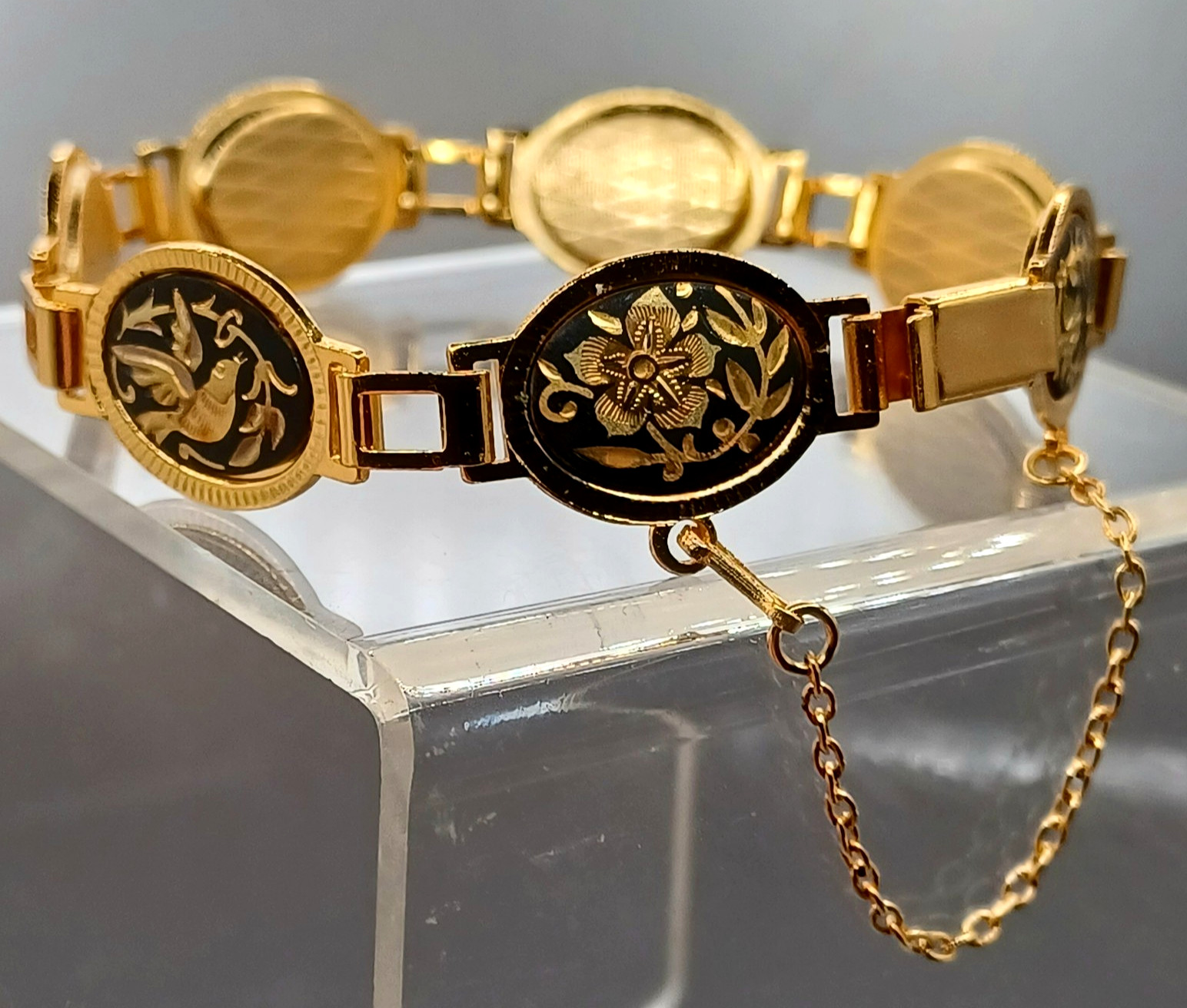 VTG Midas Damascene Bracelet Flower & Bird Black w/Gold Inlay Toledo, Spain8.25″