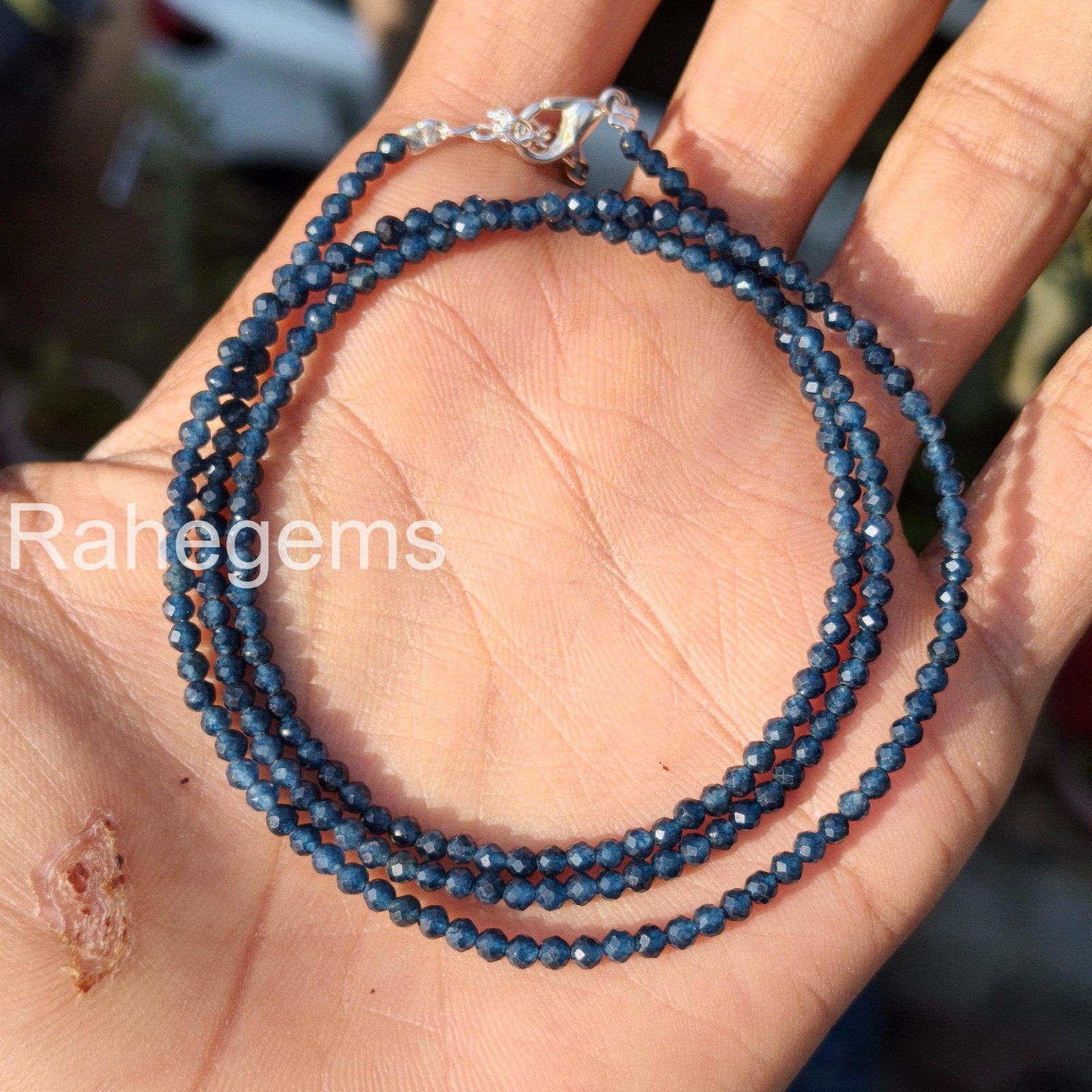 Blue Sapphire Necklace 2mm Micro Faceted Beads, Dainty Real Gemstone Choker, Min
