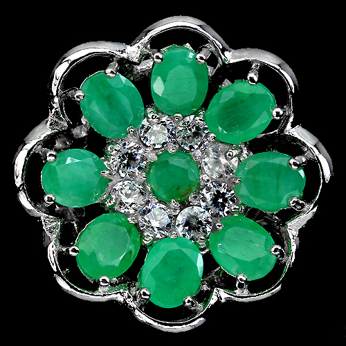 ELEGANT NATURAL GEM TOP RICH GREEN EMERALD,WHITE CZ STERLING 925 SILVER RING 5.5
