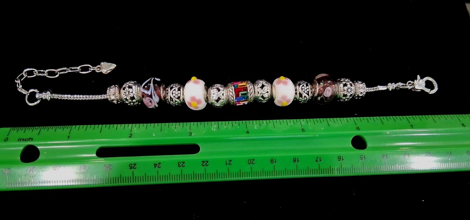 Silvertone 7.5″European CharmBracelet:Floral,Purple&Multicolor Rhinestone Charms