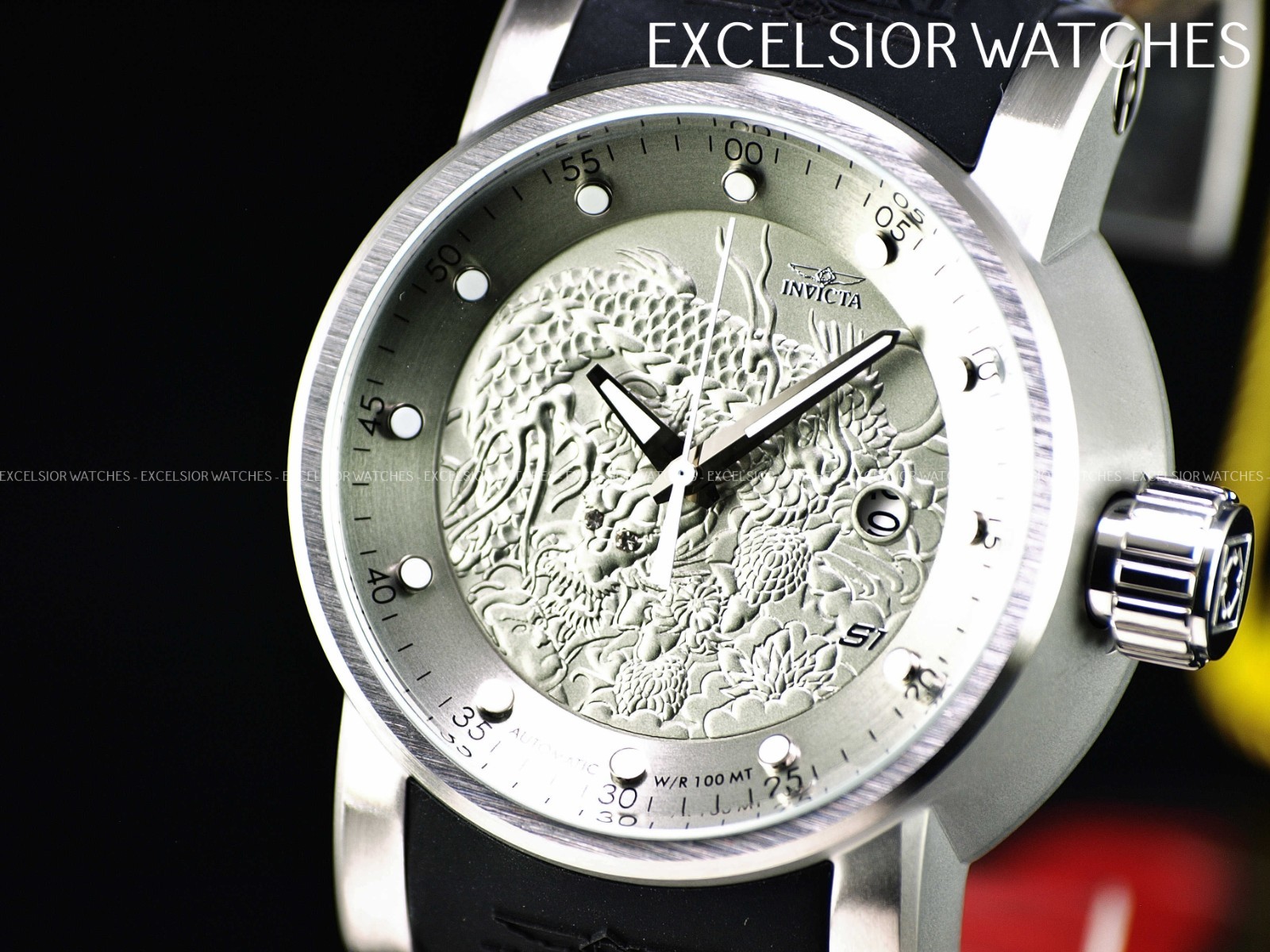 Invicta 48mm S1 YAKUZA DRAGON NH35A Automatic Silver Dial Black Silicone Watch