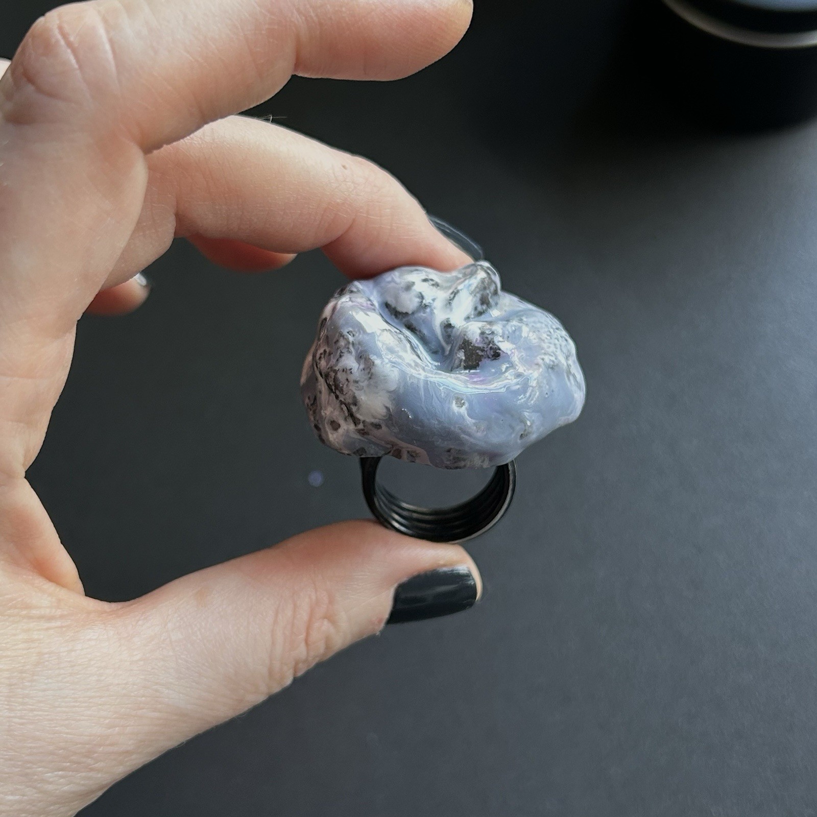 Handcrafted Statement Ring Chunky Resin Black Gray White Asymmetrical Art