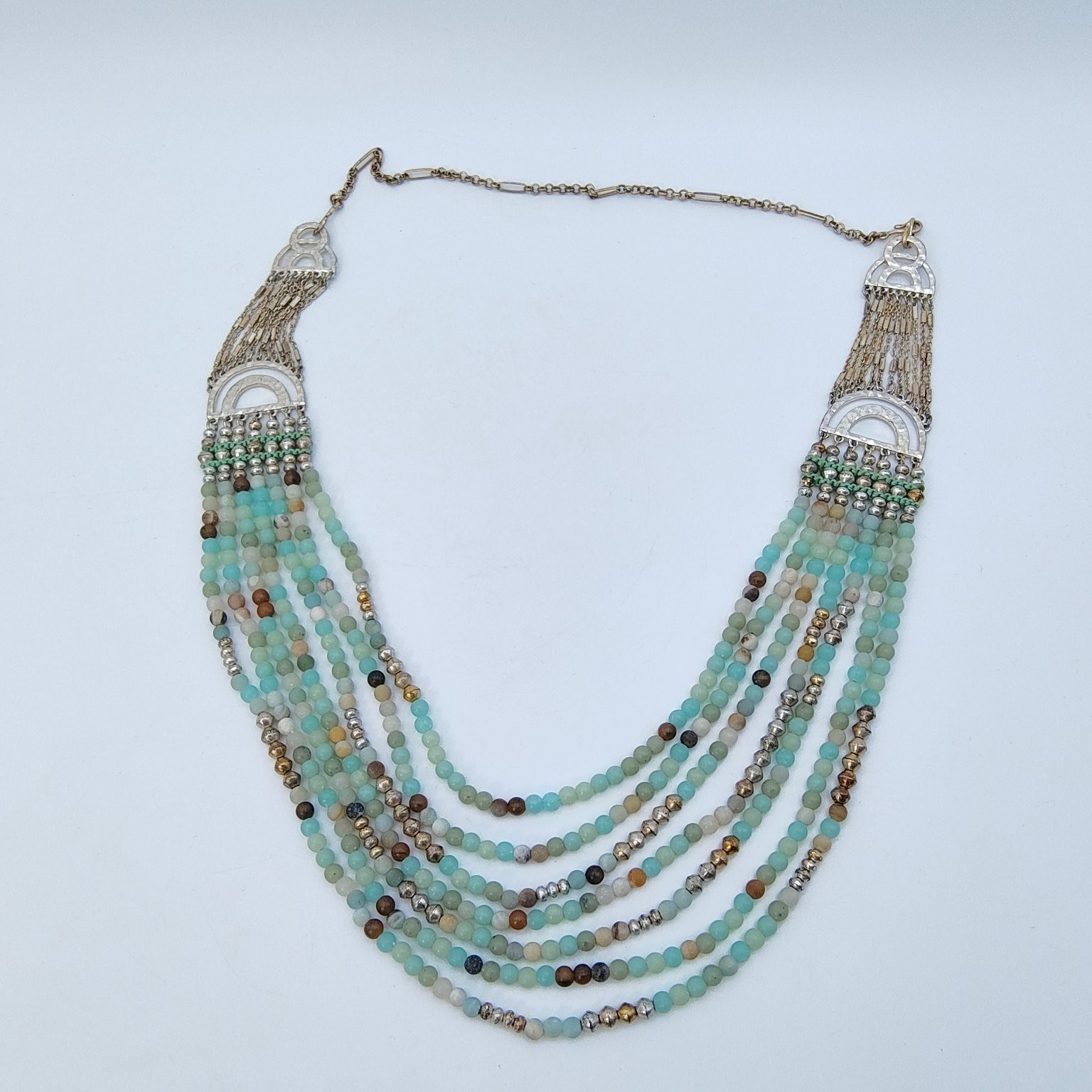 Boho Multi-Strand Beaded Necklace 18″ Amazonite Jasper Silver Tone Statement
