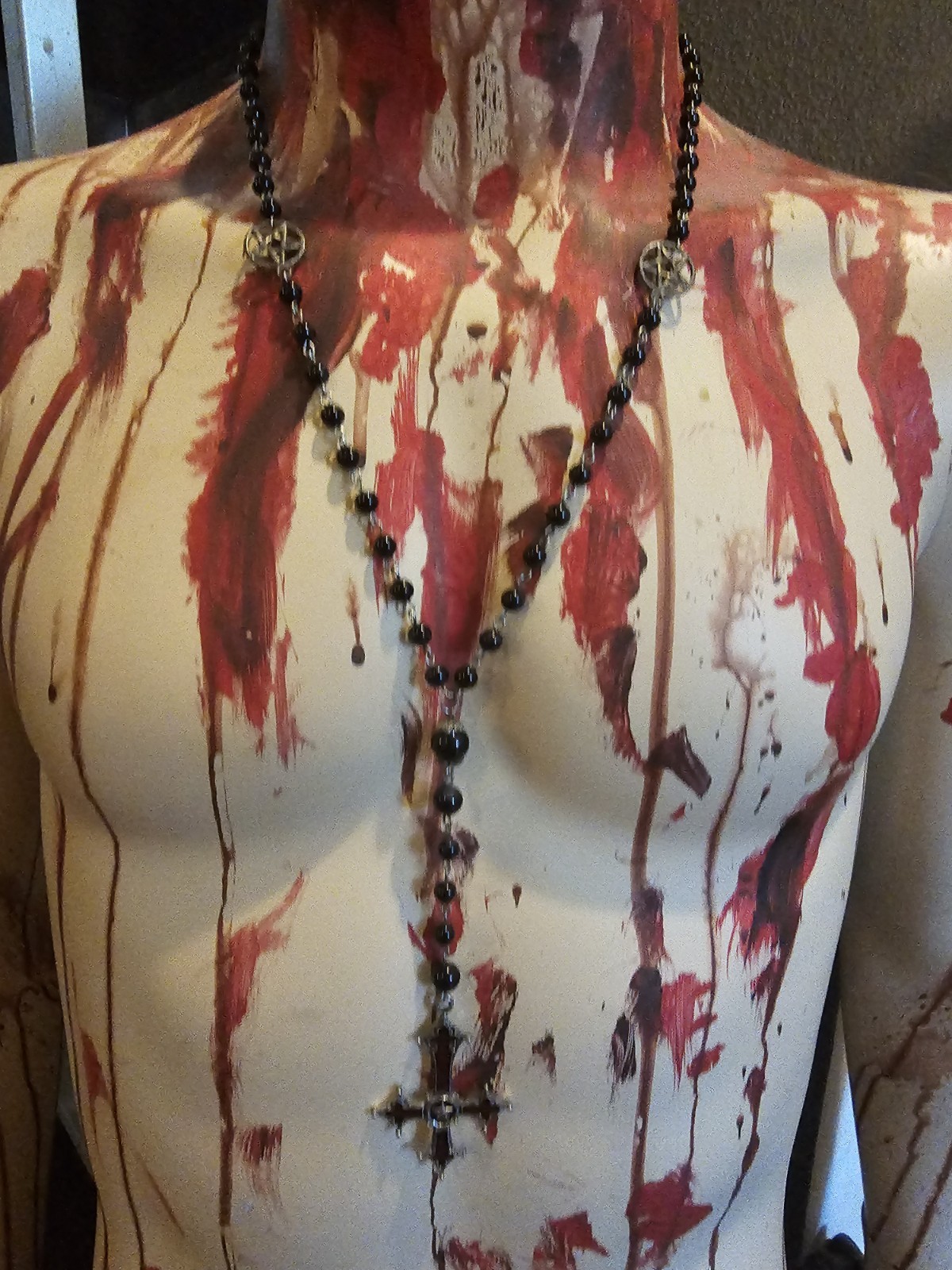 Inverted Red Cross And Pentagram Rosary Necklace Gothic