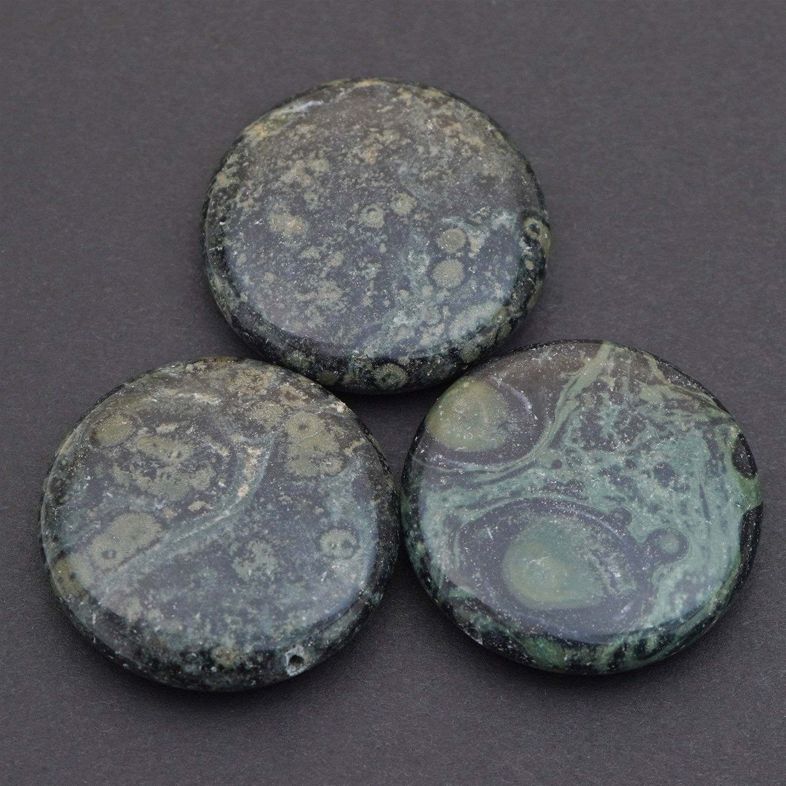 3 large flat round green and black kambaba jasper stone lentil beads avg 30mm