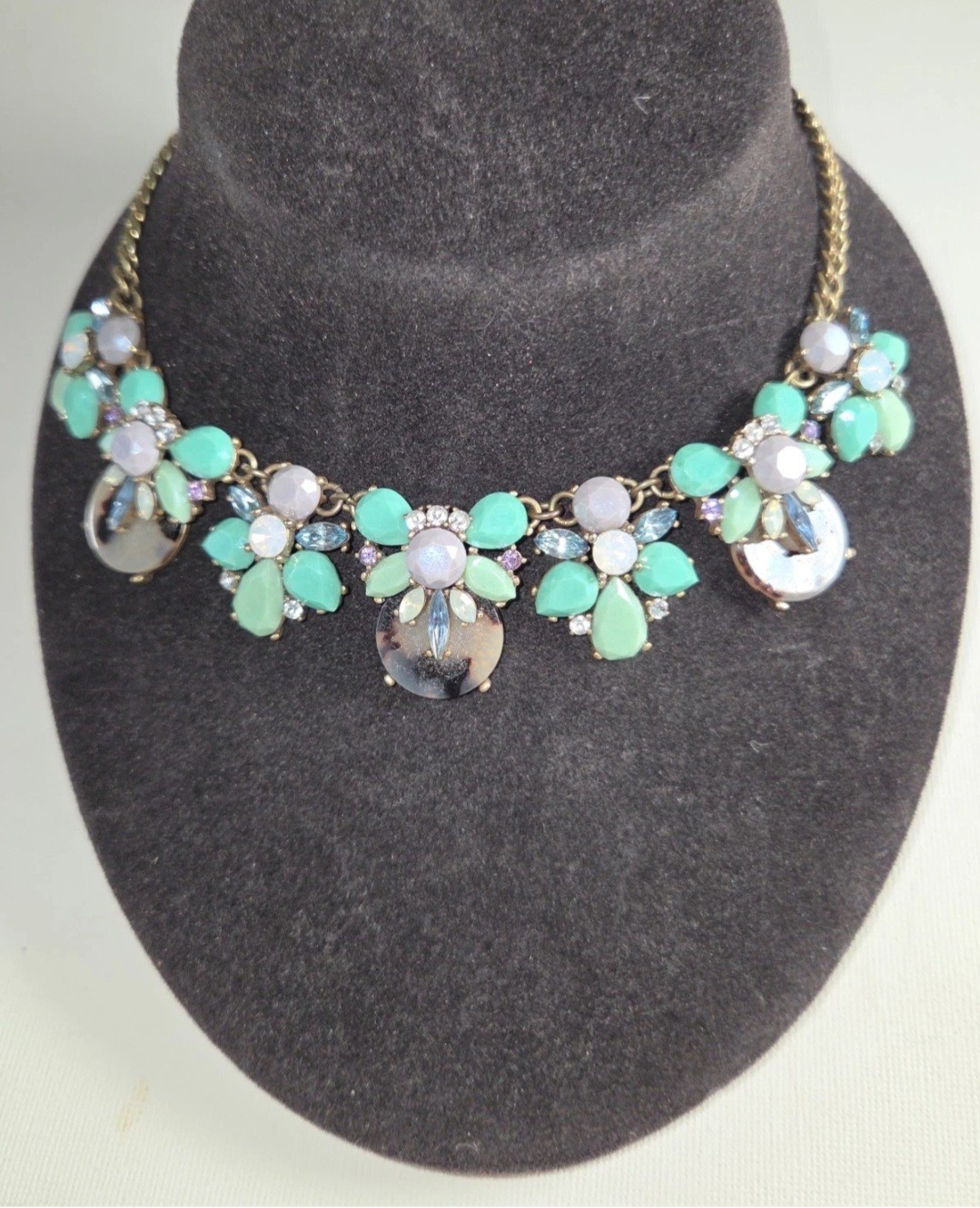 Mint Green Jade Opal Amethyst Rhinestone Floral Statement Bib Necklace
