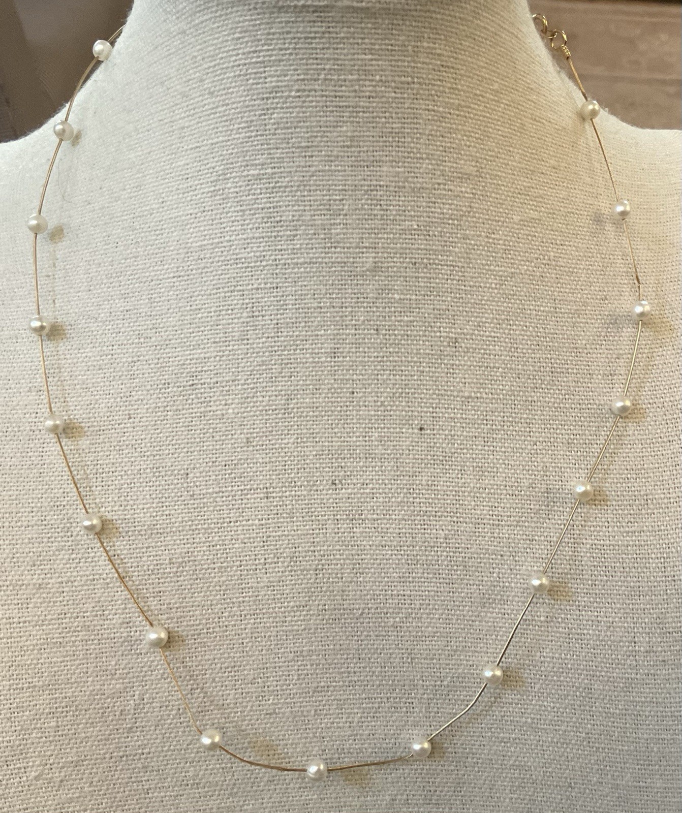 JCM Signed 14kt Gold White Cultured 2-3 M Pearl Station Necklace 2.8 Grams 16.5″
