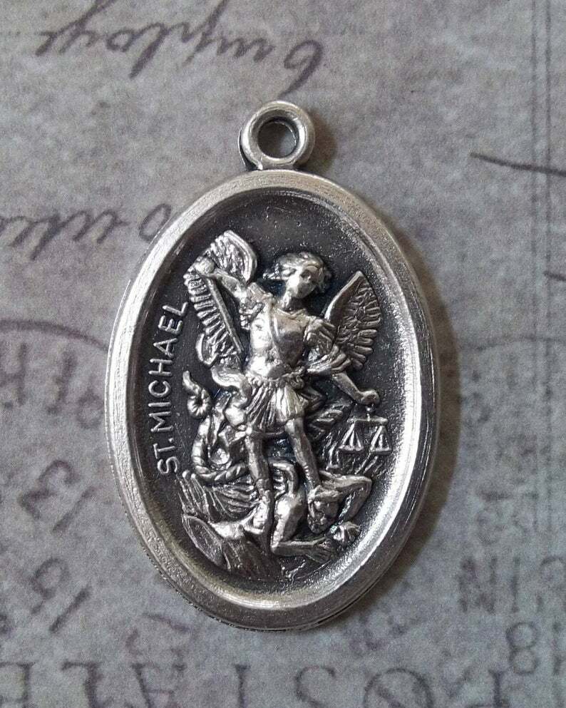 925 sterling silver 18″ necklace ST MICHAEL PRAY GUARDIAN ANGEL PENDANT 2 SIDED