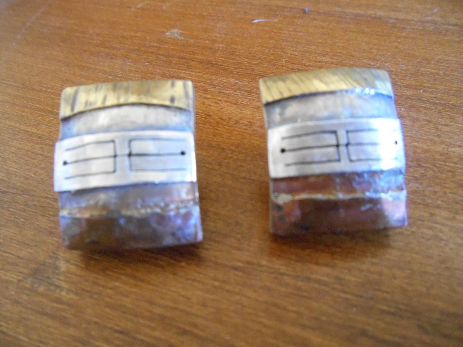 Hand Made Silver Earrings Pierced Type with Brass and Copper Overlay