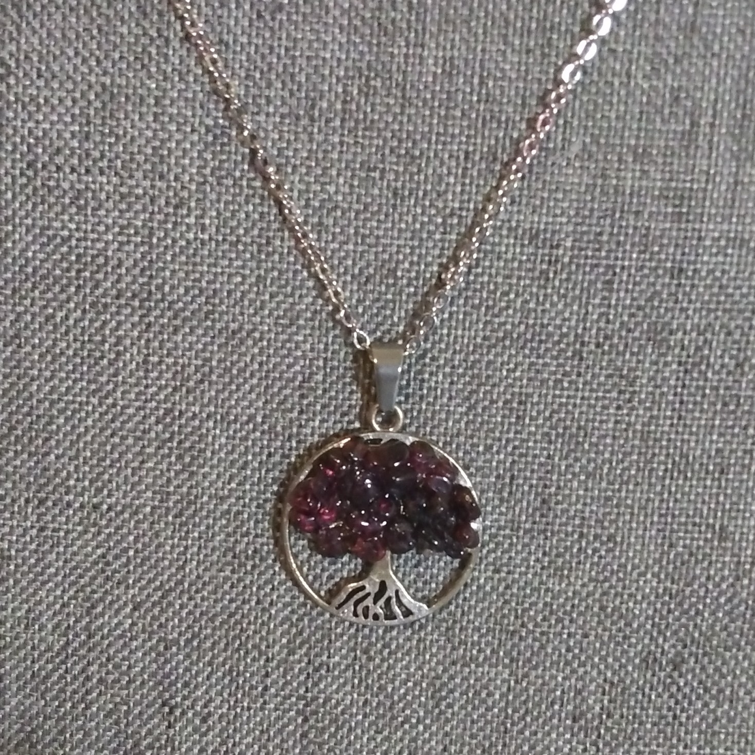 Tree of Life Round Charm Pendant Necklace Silver Tone Purple Crystal Cluster