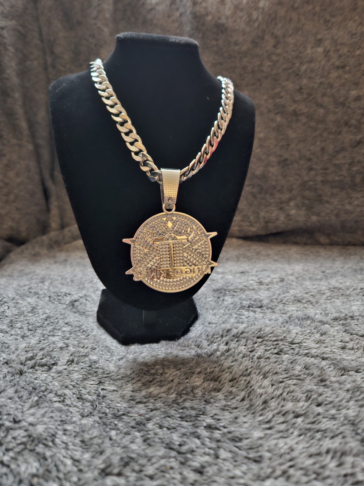 Cz Sterling Silver Round Religious “King of Kings” Charm Pendant W/ Chain