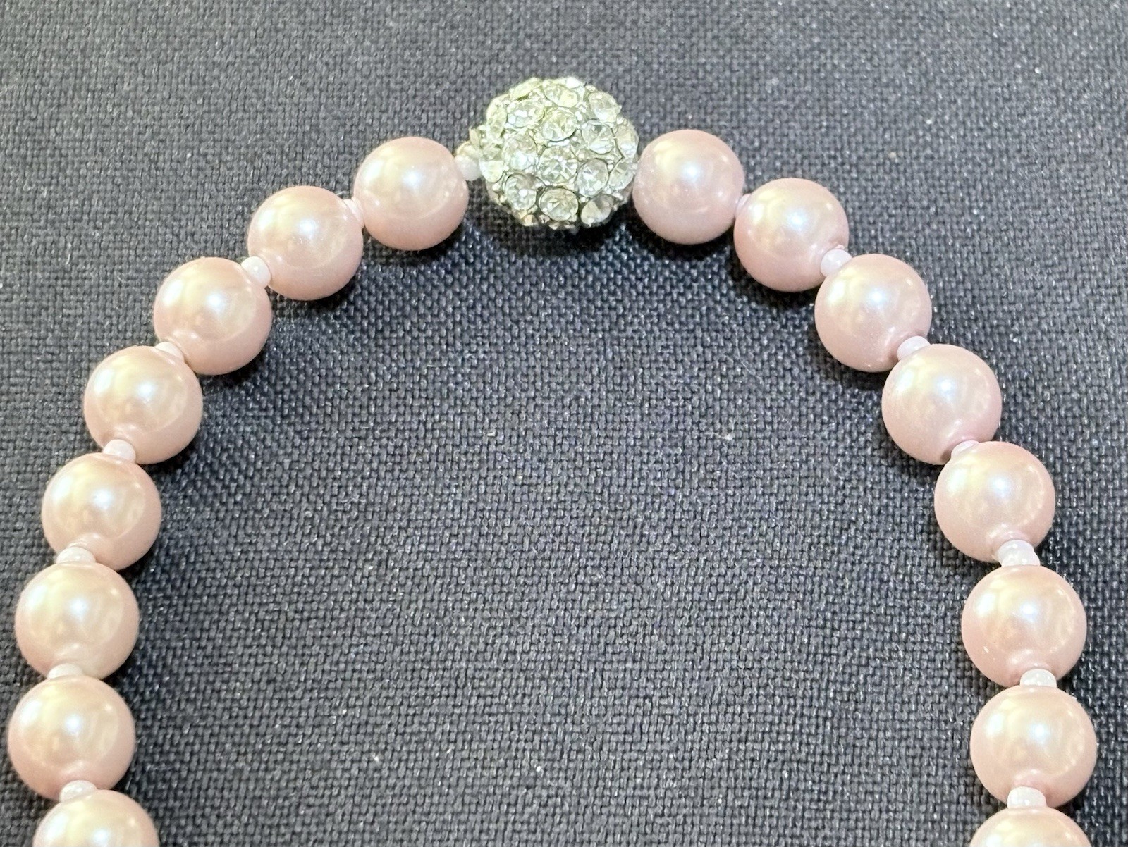 Light Pink Faux Pearl Necklace 57” Rhinestone Pave Ball Beads Between Pearls