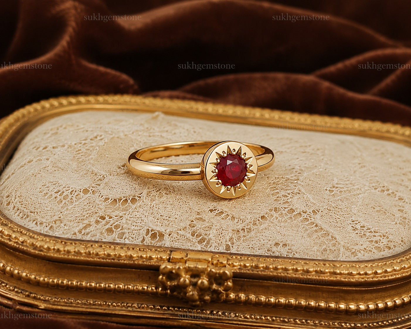 Lab Created Red Ruby Ring, Base Metal: Brass Finish: Gold Plated