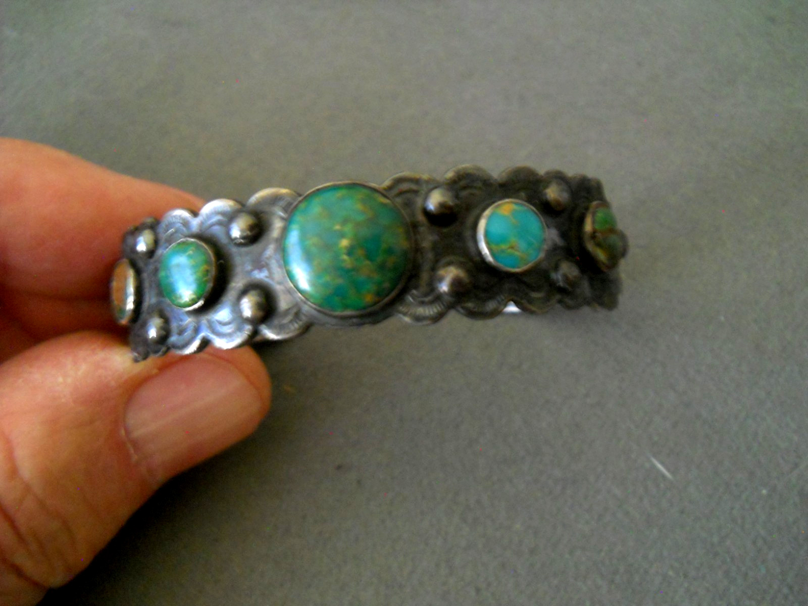 Old Fred Harvey Navajo Cerrillos Turquoise Sterli Silver Cuff Bracelet Stampwork