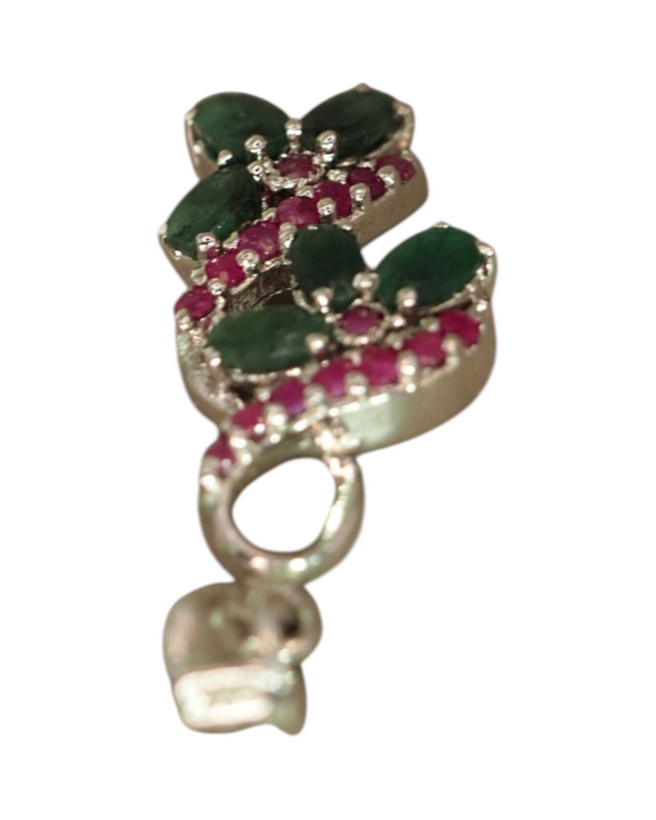 Sterling Silver Green & Red Gemstone Floral Vine Pendant