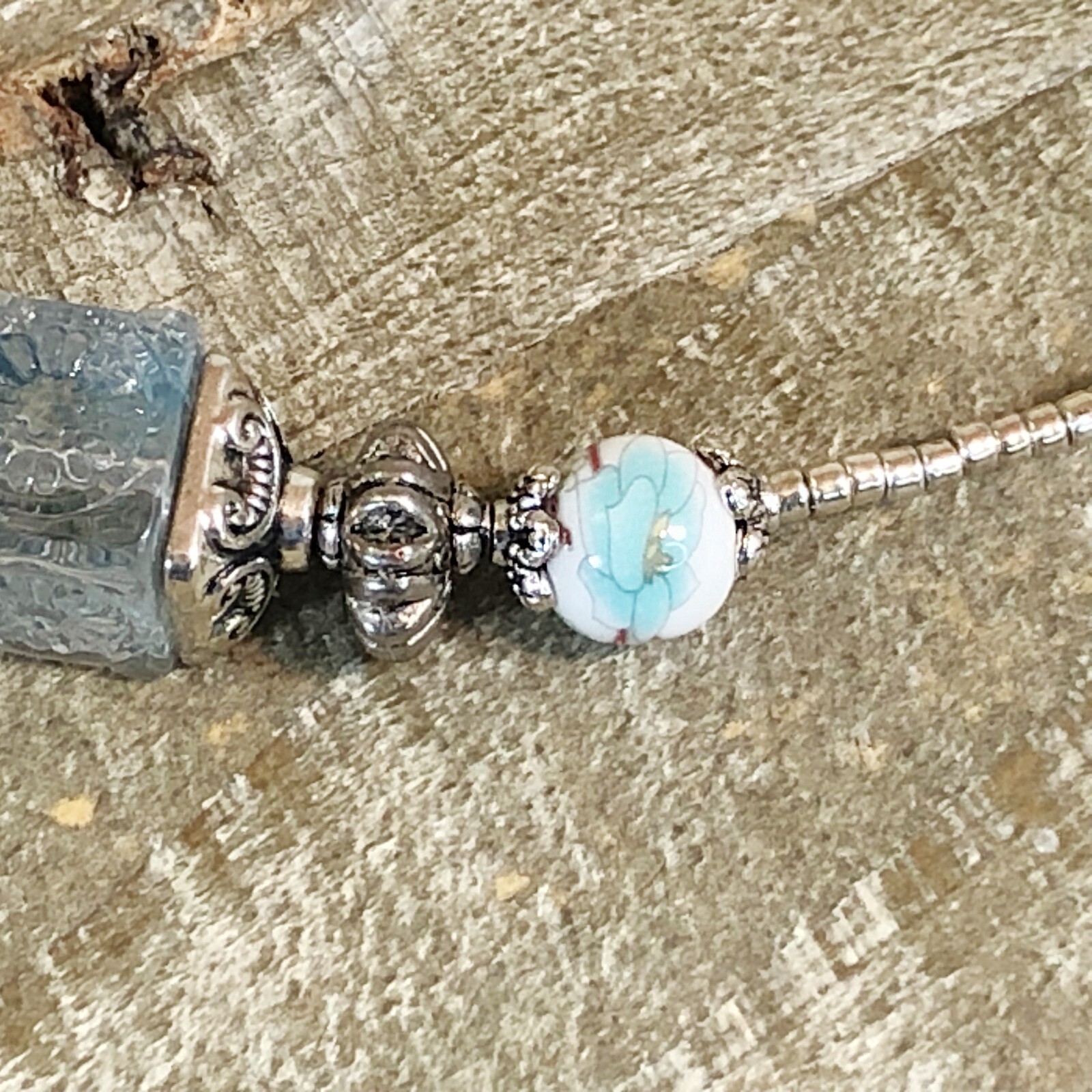 Boho Beaded Choker with Lampwork Blue/Clear Glass Cube, Japanese Orchid Beads