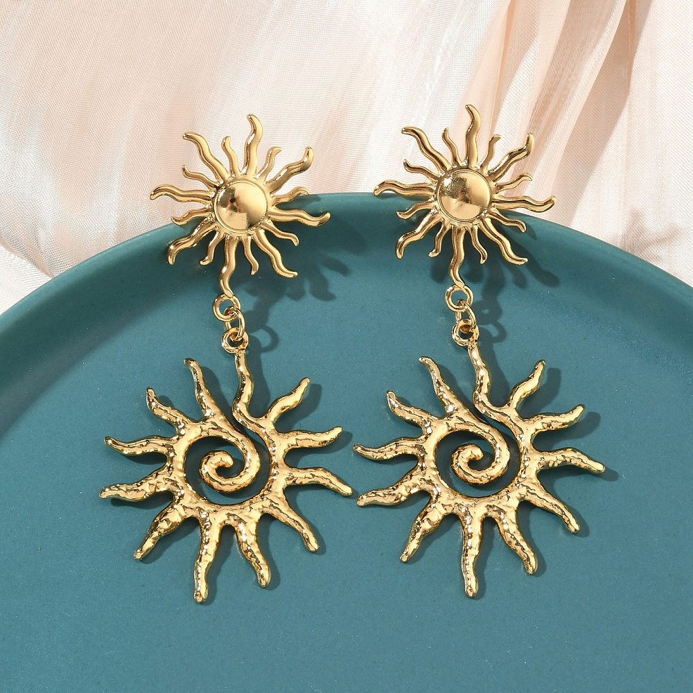 Stud Earrings Stainless Steel 18K Gold Plated Sun 2.76 in Fashion Jewelry E58