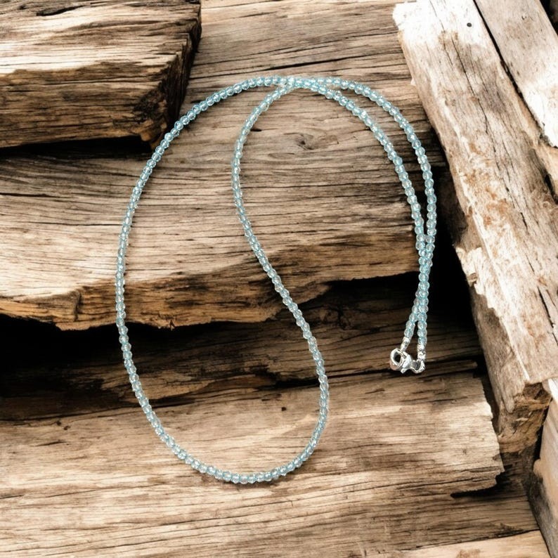 2-3MM Dainty Aquamarine Faceted Round Gemstone Beads Protections Necklaces 24”