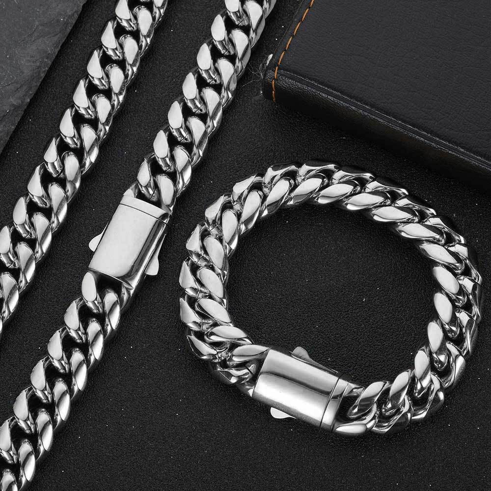6-14MM All Stainless Steel Miami Hip Hop Cuban Chain Necklace Bracele