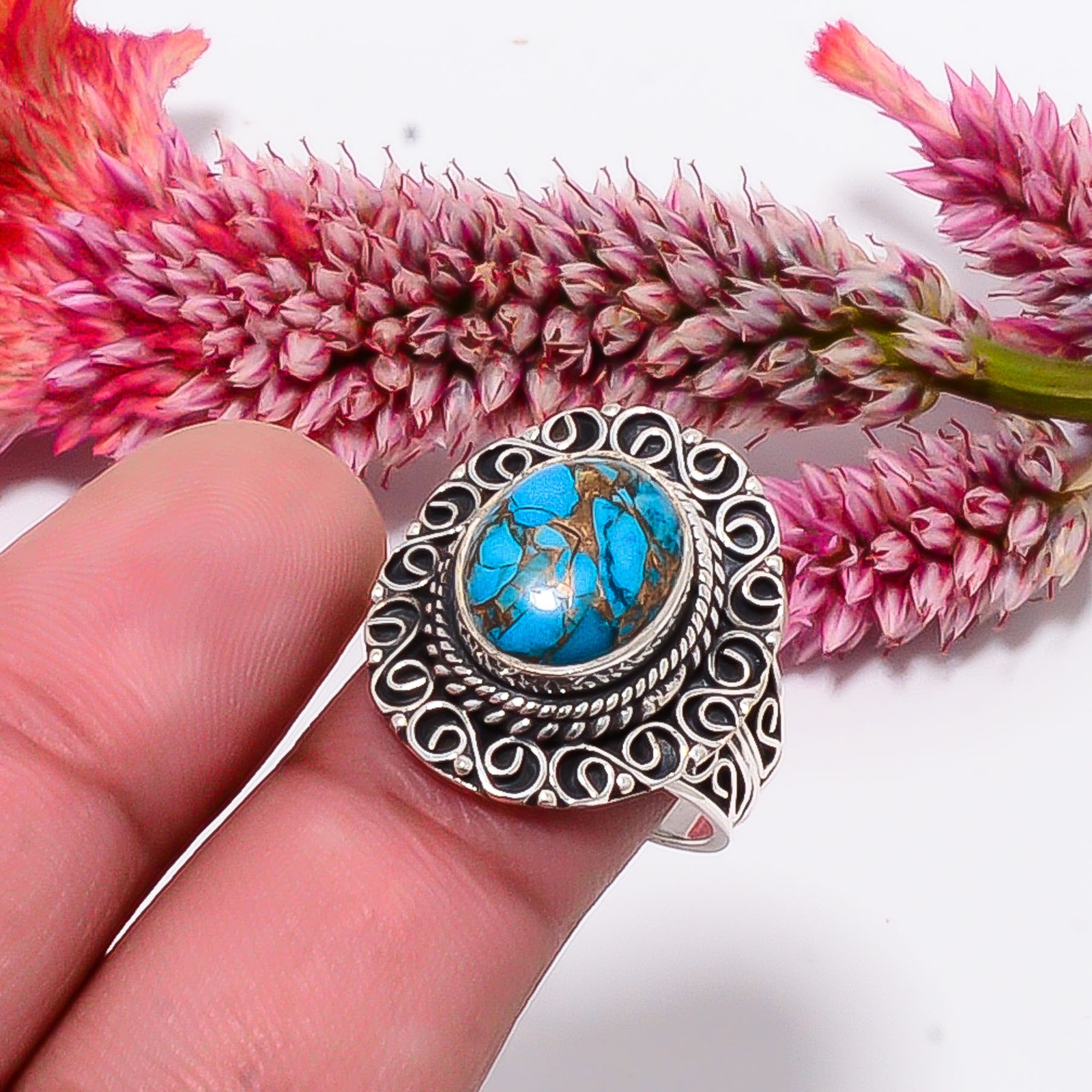 Copper Blue Turquoise Fine Art Oxidised 925 Sterling Silver Ring S.8.5 R115522