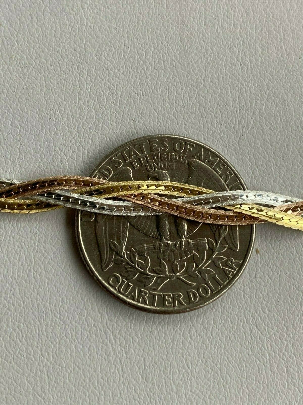 925 Silver TriColor Yellow Rose Gold Plated Twisted Braided Herringbone Bracelet