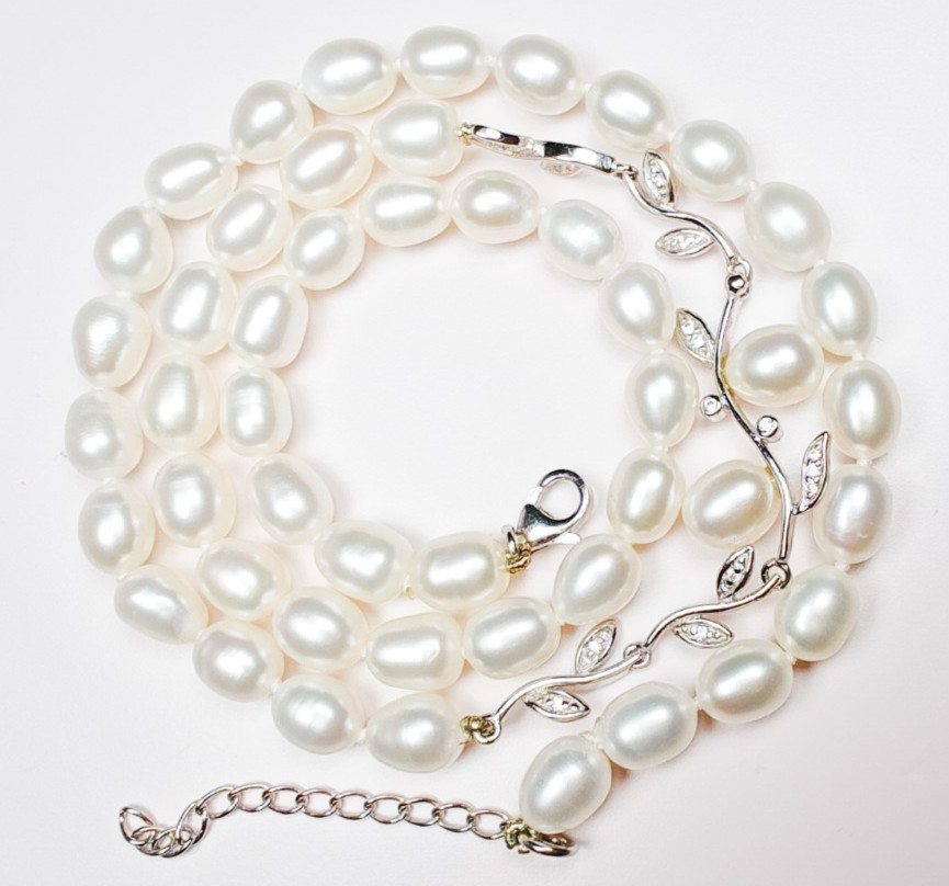 925 Sterling Silver Diamond White Cultured Freshwater Pearl Necklace 18–19.5″