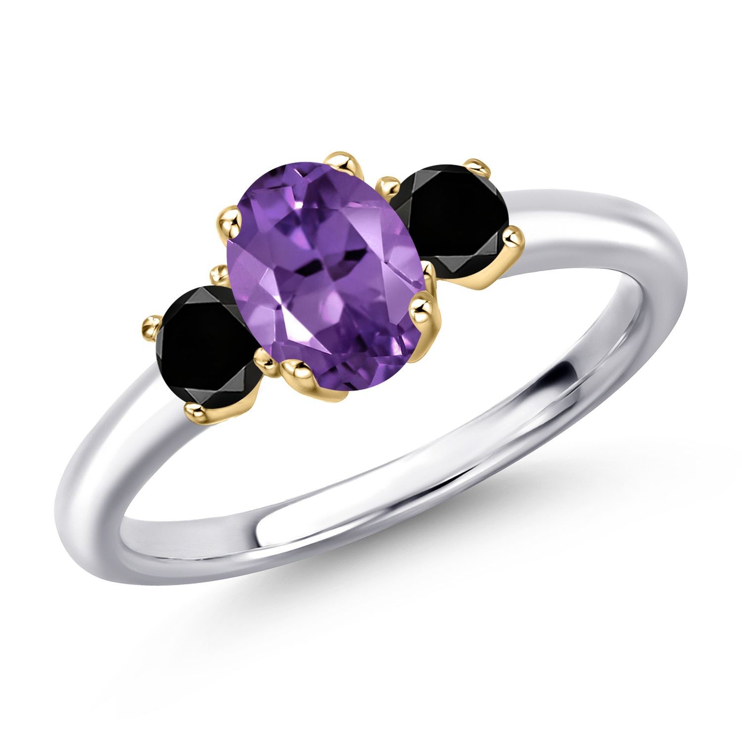 925 Silver and 10K Yellow Gold Amethyst and Black Diamond Engagement Ring For