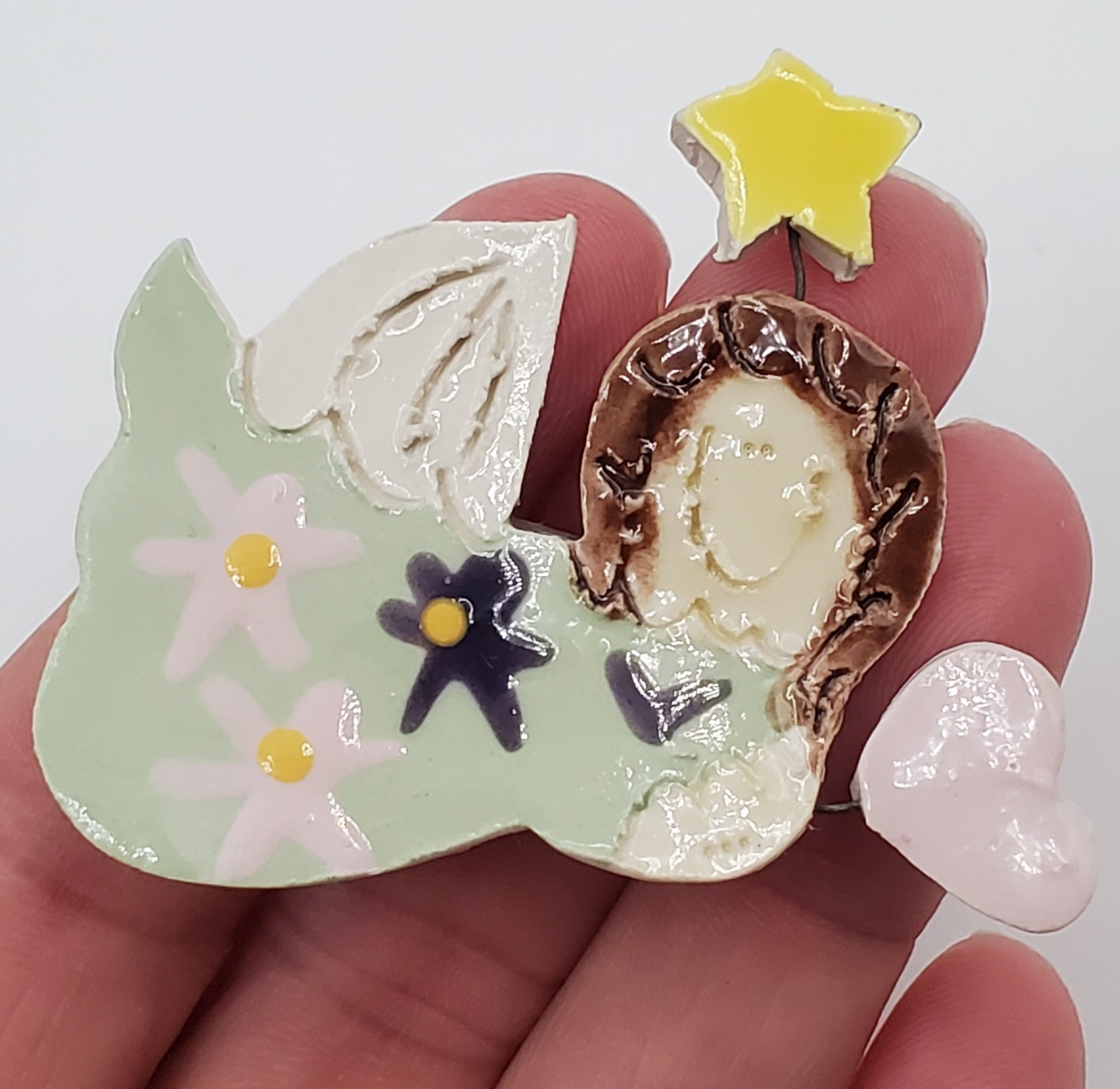Hand Crafted Angel Brooch 2in Painted Ceramic Floating Heart Star Artisan Pin