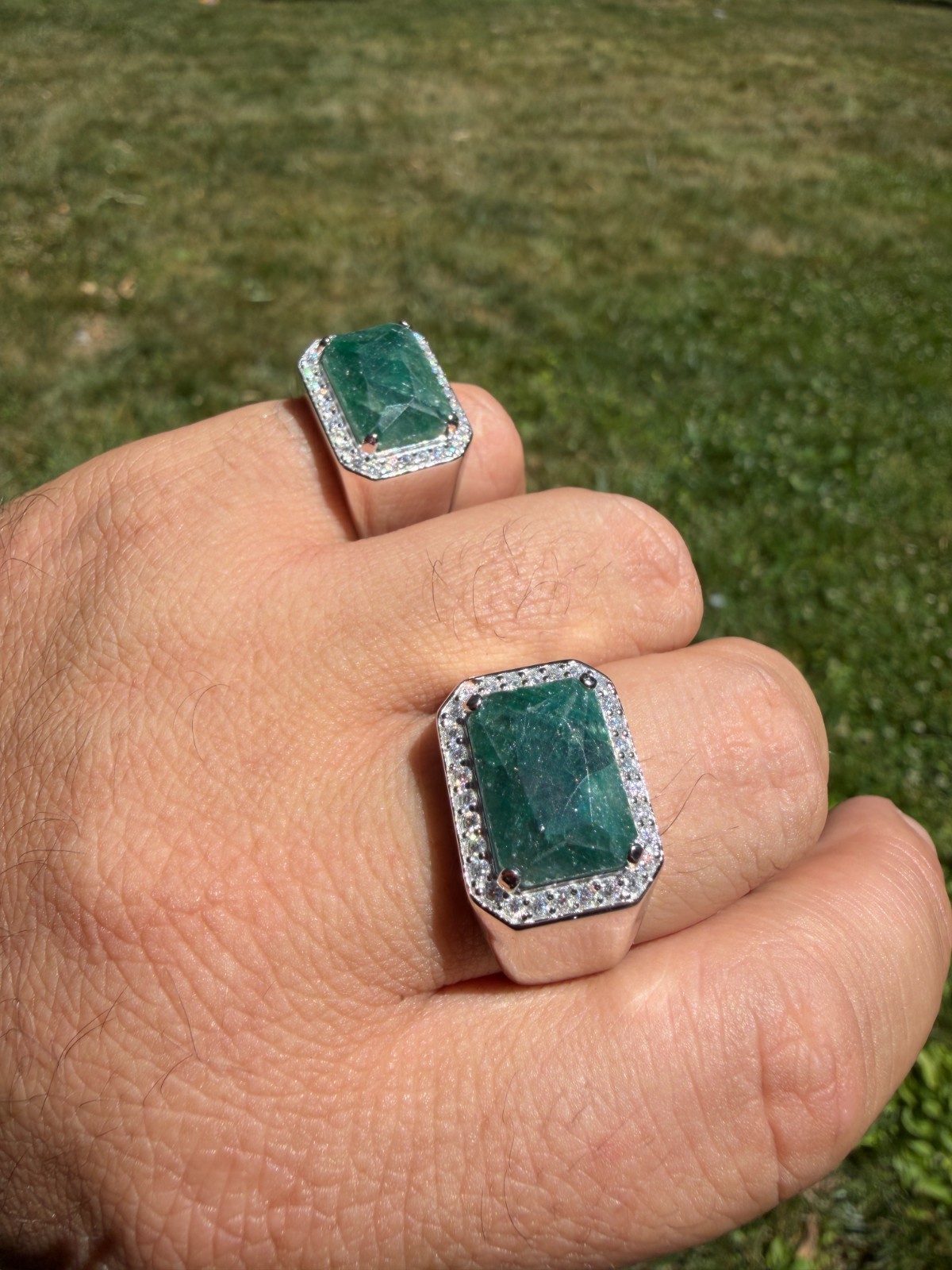 MOISSANITE Iced Natural 9ct Rectangle Green Emerald Stone Ring 925 Silver